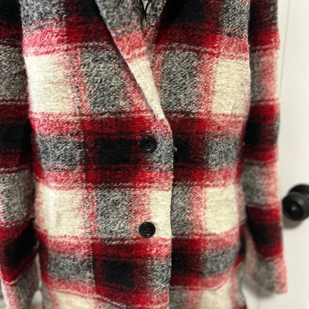 Madewell Wool Plaid Red and Black Winter Pea Coat - Picture 3 of 11